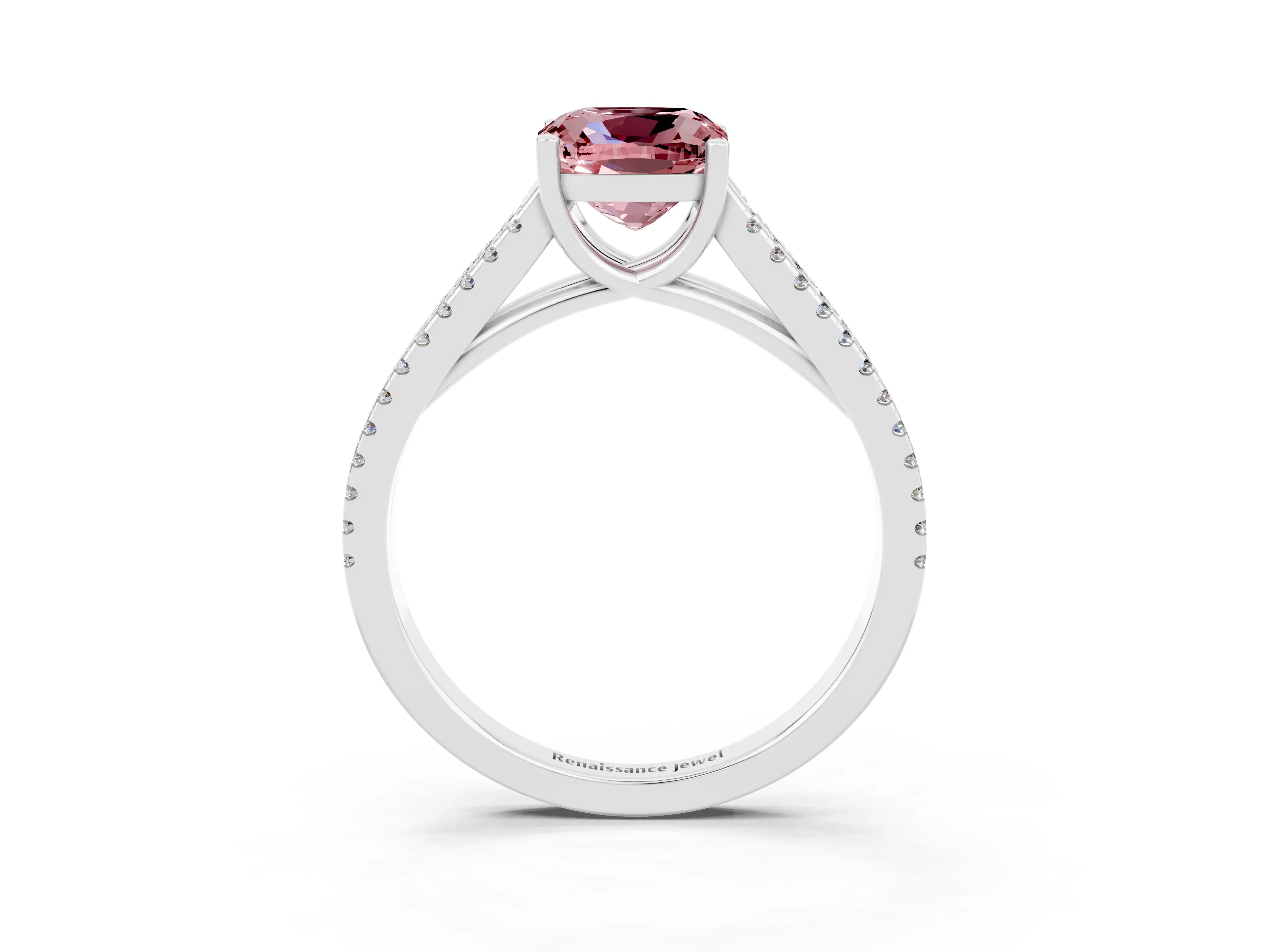 White gold Cushion Cut Morganite Solitaire Engagement Ring with Split Shank Pavé Band_3