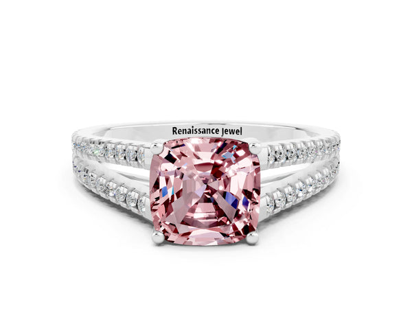 Silver Cushion Cut Morganite Solitaire Engagement Ring with Split Shank Pavé Band