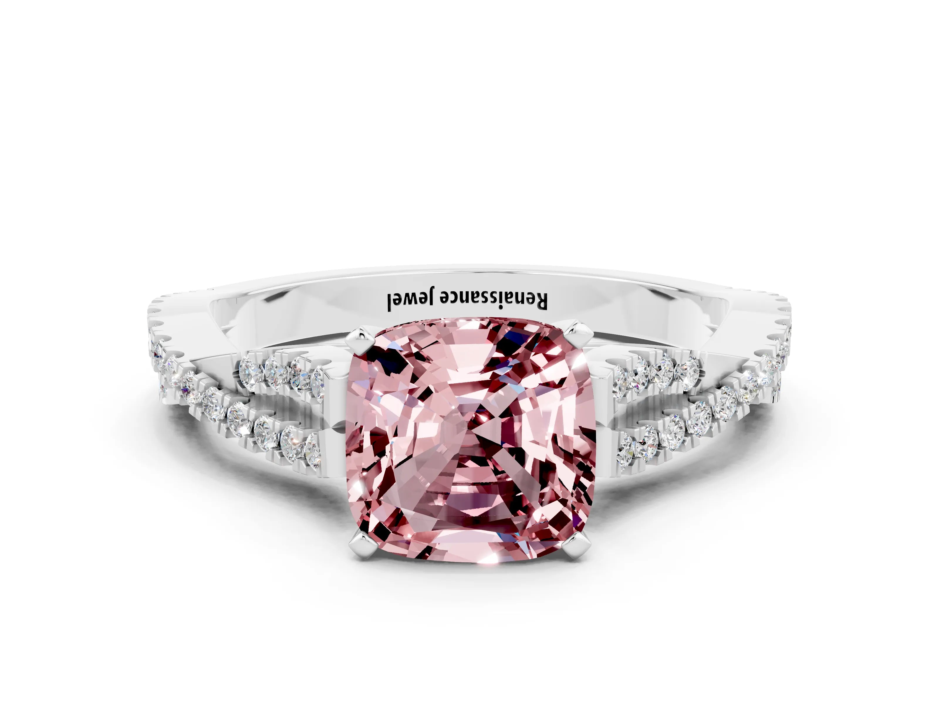 White gold Cushion Cut Morganite Solitaire Engagement Ring with Twisted Pavé Band and Four-Prong Setting_12