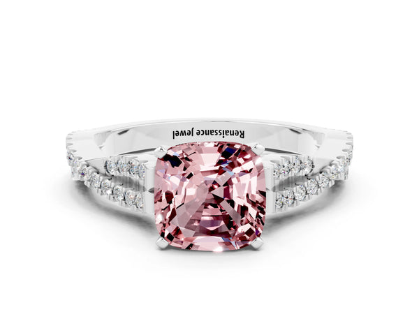 Platinum Cushion Cut Morganite Solitaire Engagement Ring with Twisted Pavé Band and Four-Prong Setting