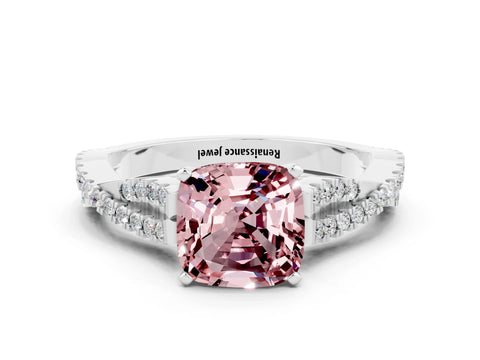 White gold Cushion Cut Morganite Solitaire Engagement Ring with Twisted Pavé Band and Four-Prong Setting_12