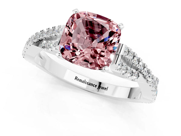 Platinum Cushion Cut Morganite Solitaire Engagement Ring with Twisted Pavé Band and Four-Prong Setting