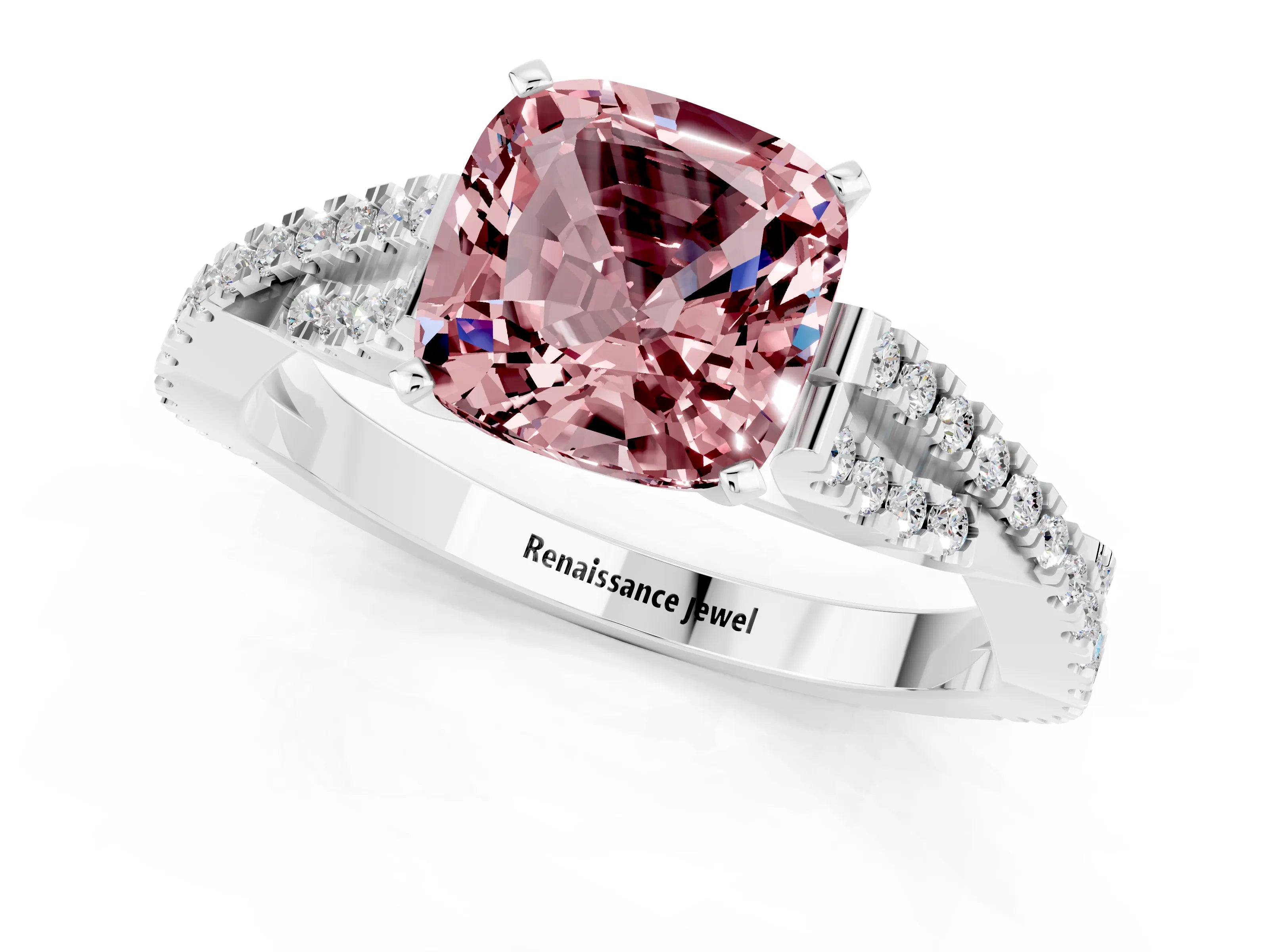 White gold Cushion Cut Morganite Solitaire Engagement Ring with Twisted Pavé Band and Four-Prong Setting_13