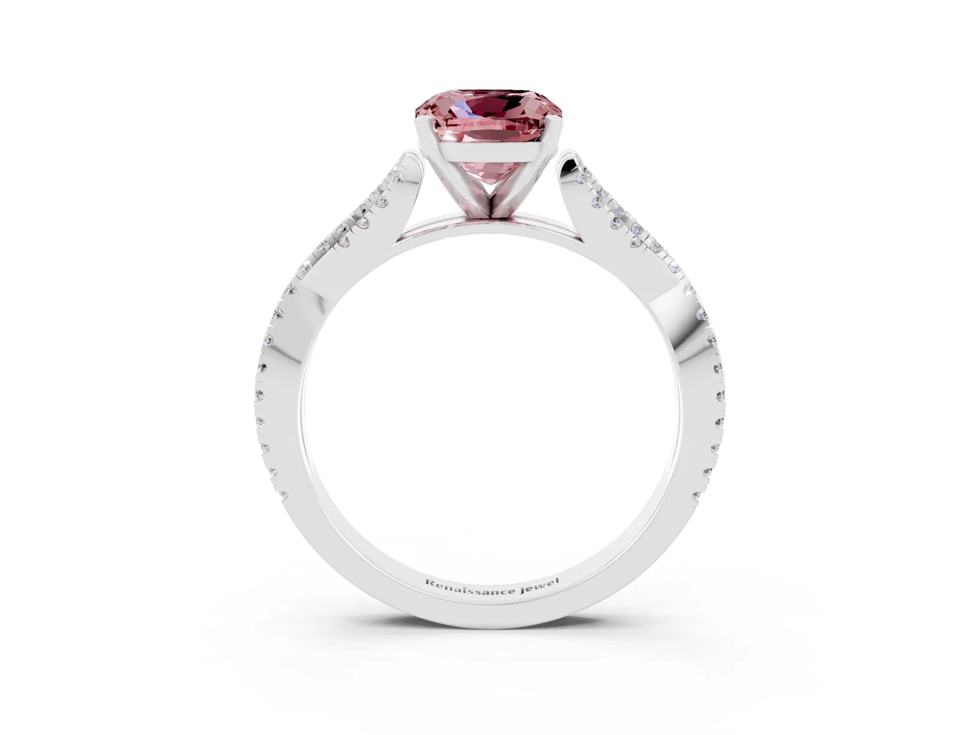 White gold Cushion Cut Morganite Solitaire Engagement Ring with Twisted Pavé Band and Four-Prong Setting_15