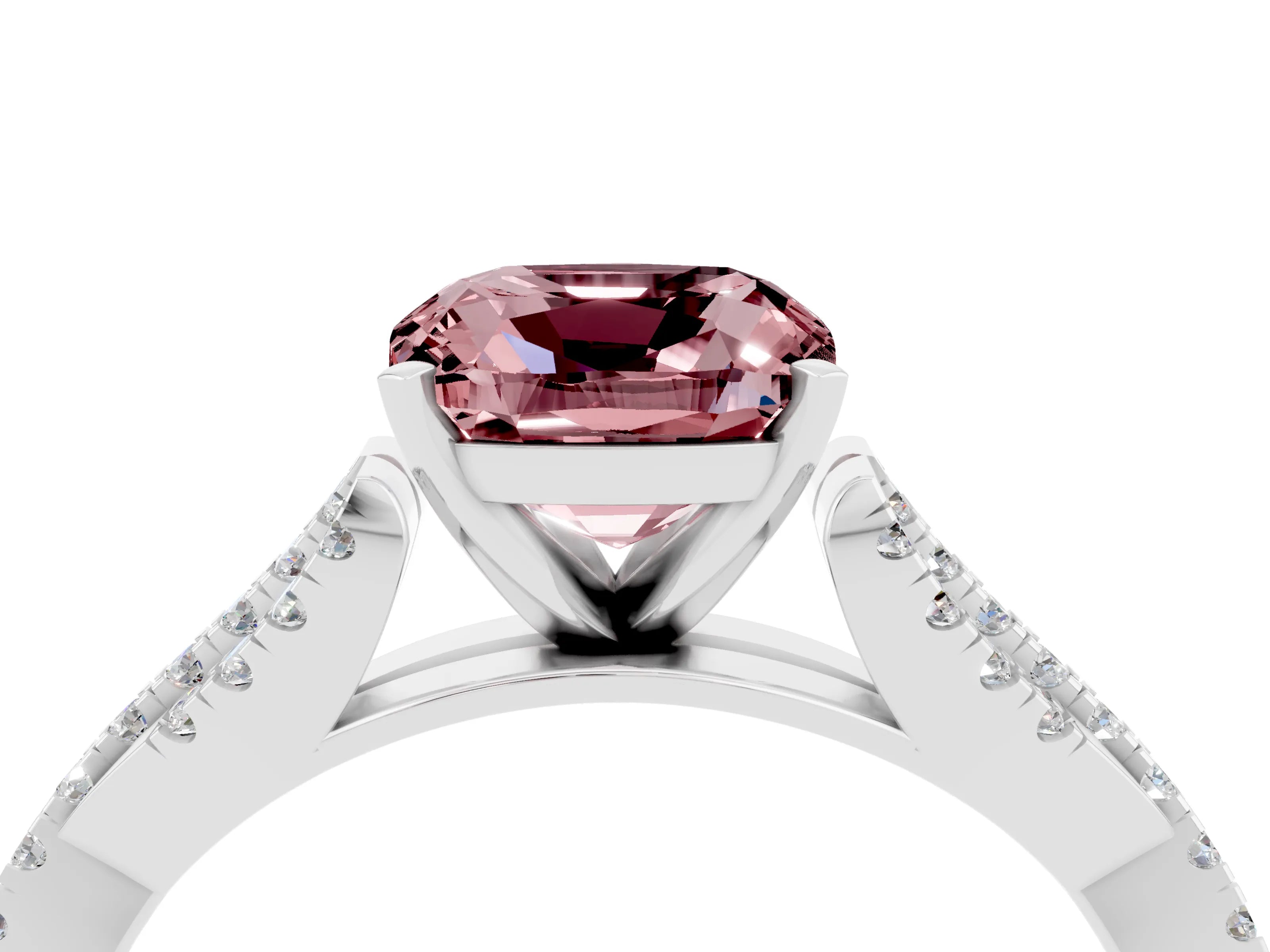 White gold Cushion Cut Morganite Solitaire Engagement Ring with Twisted Pavé Band and Four-Prong Setting_16
