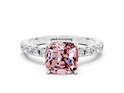 White gold Cushion Cut Morganite Solitaire Pavé Band with Four-Prong Setting