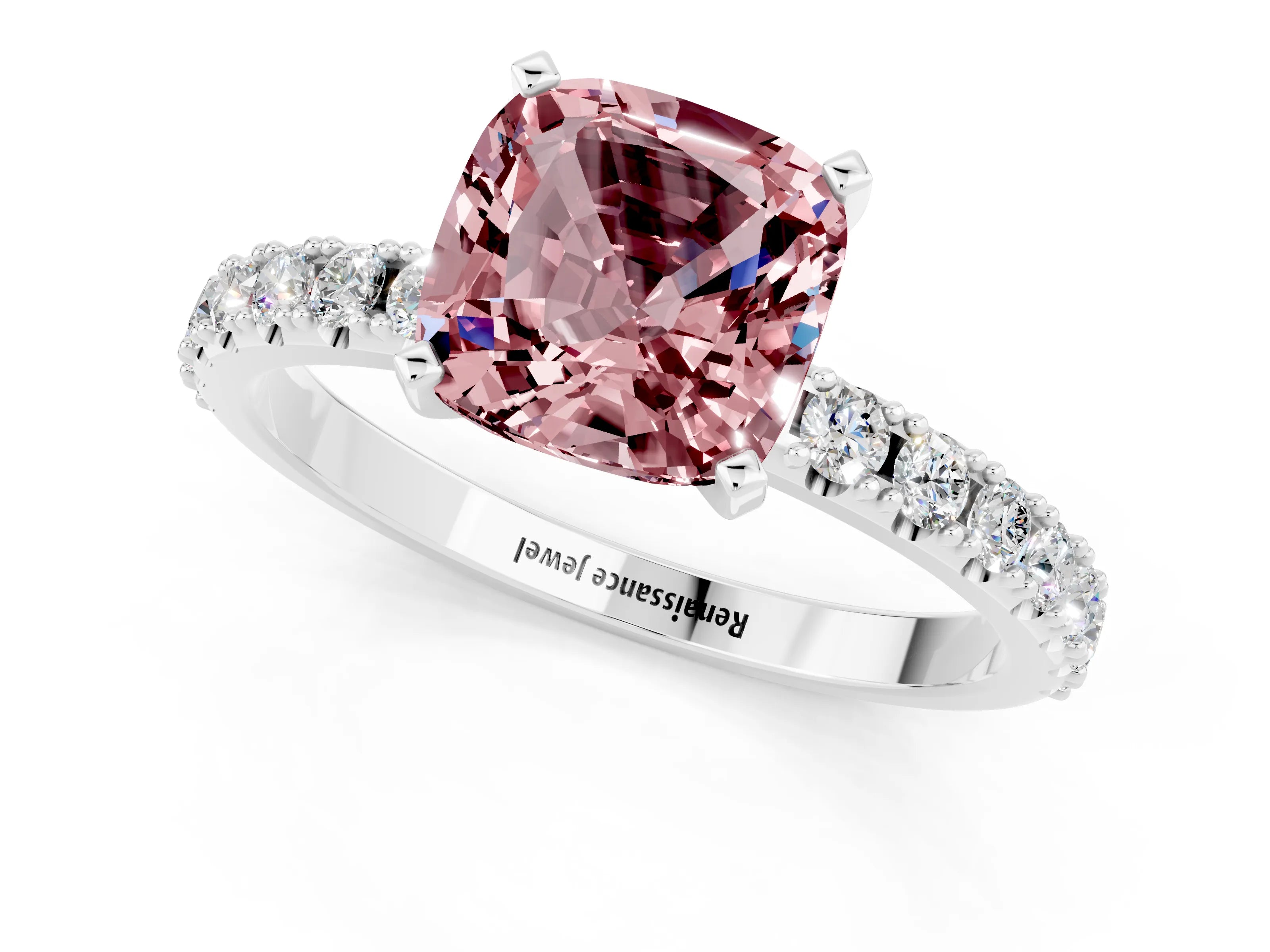White gold Cushion Cut Morganite Solitaire Pavé Band with Four-Prong Setting_1