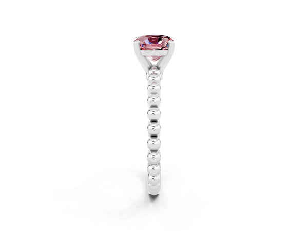 Silver Cushion Cut Morganite Solitaire Ring with Beaded Band and Prong Setting
