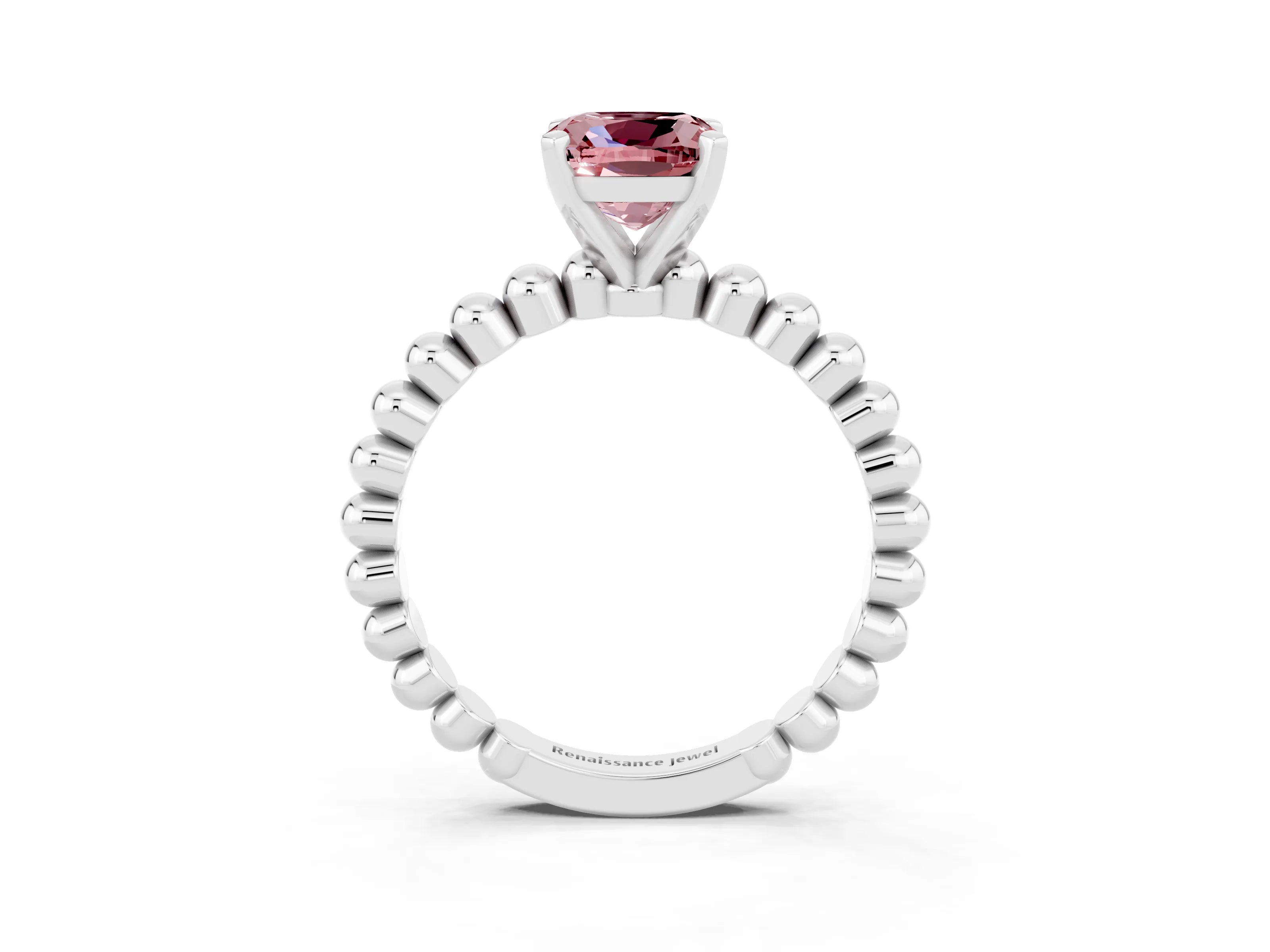 White gold Cushion Cut Morganite Solitaire Ring with Beaded Band and Prong Setting_32