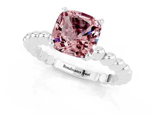 Platinum Cushion Cut Morganite Solitaire Ring with Beaded Band and Prong Setting