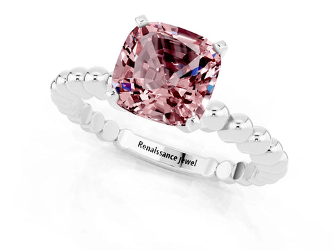 White gold Cushion Cut Morganite Solitaire Ring with Beaded Band and Prong Setting_33