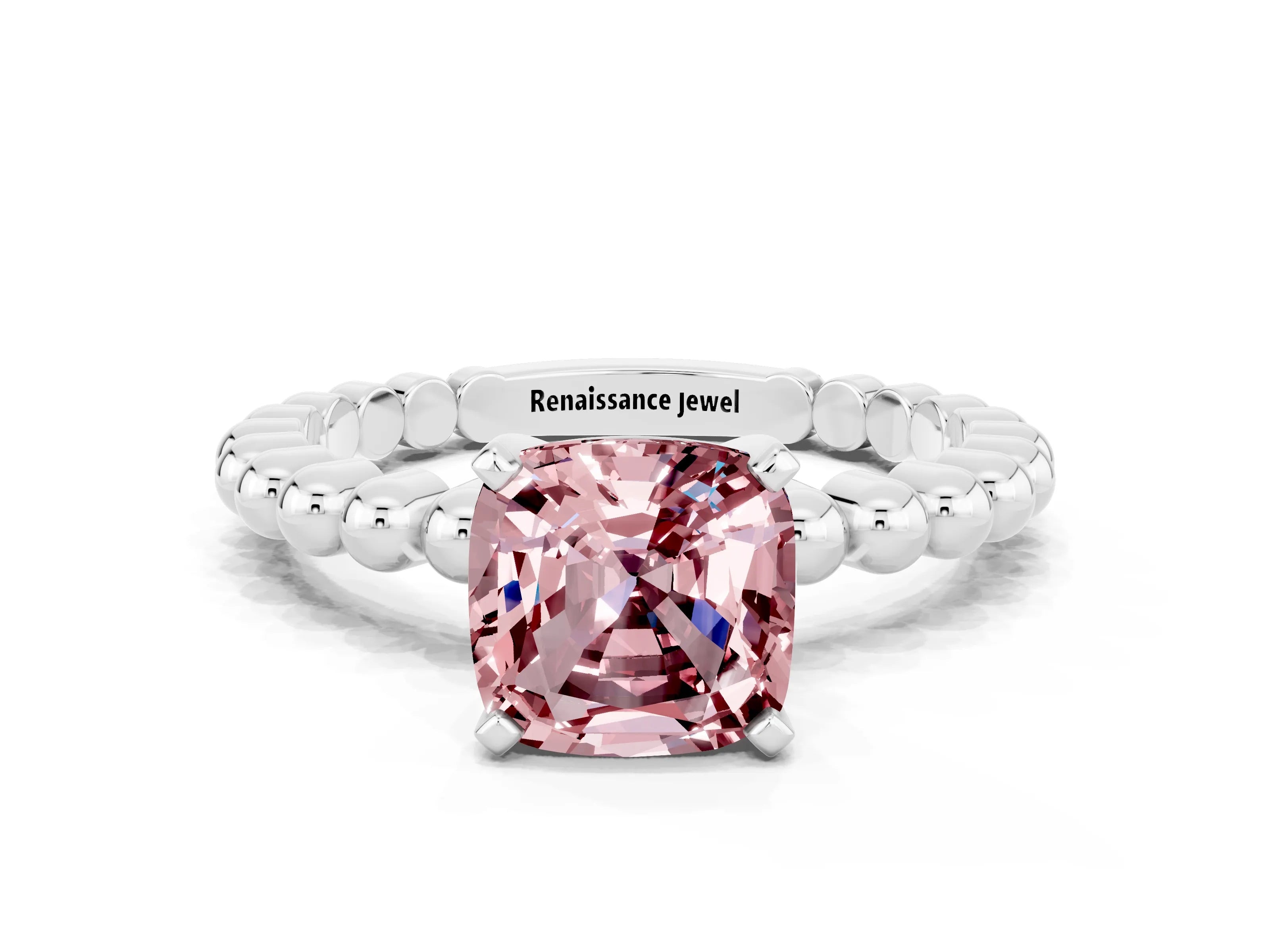 White gold Cushion Cut Morganite Solitaire Ring with Beaded Band and Prong Setting_42