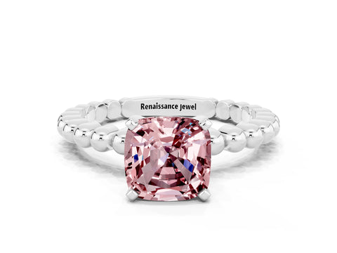 White gold Cushion Cut Morganite Solitaire Ring with Beaded Band and Prong Setting_42