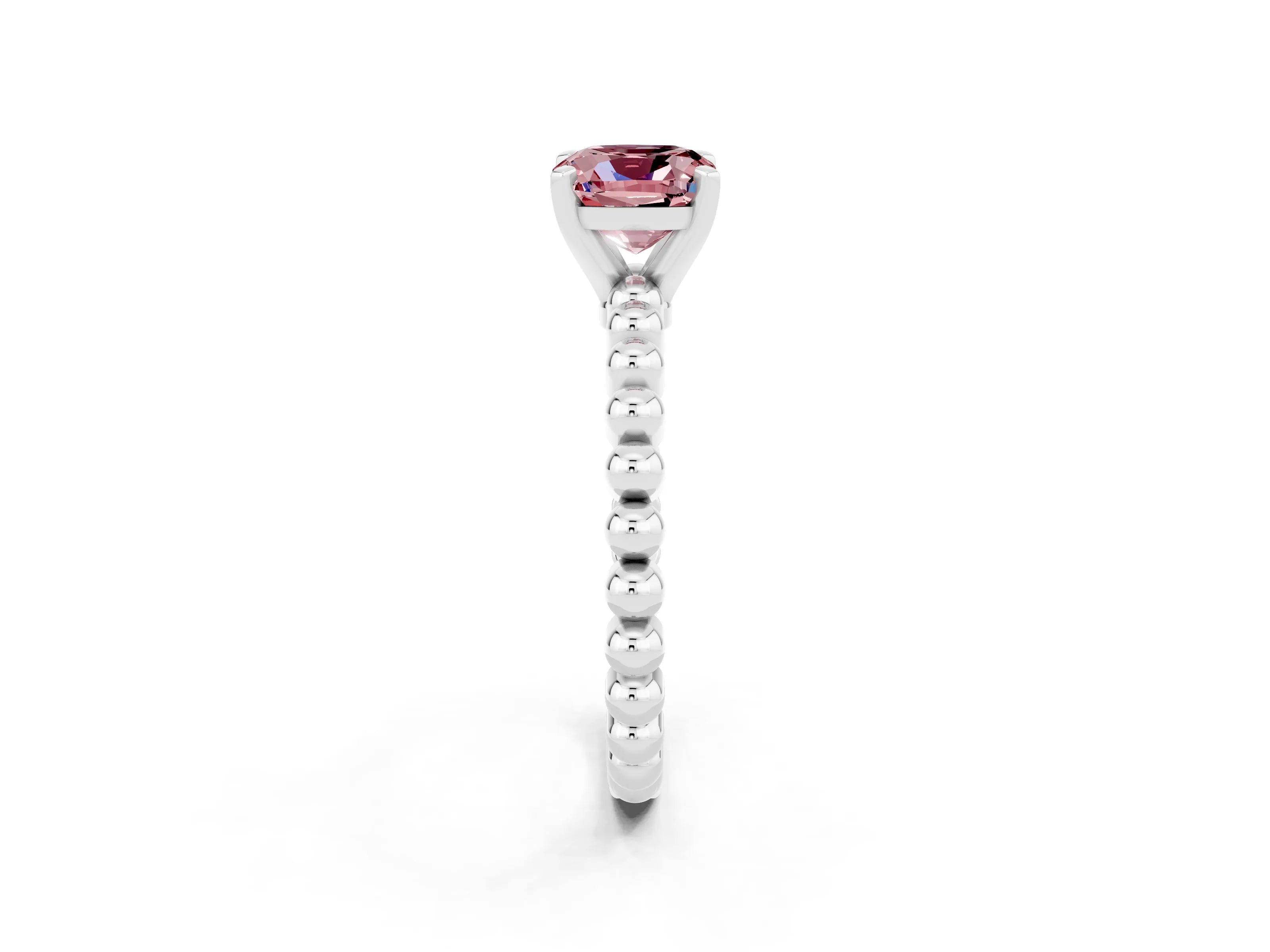 White gold Cushion Cut Morganite Solitaire Ring with Beaded Band and Prong Setting_44