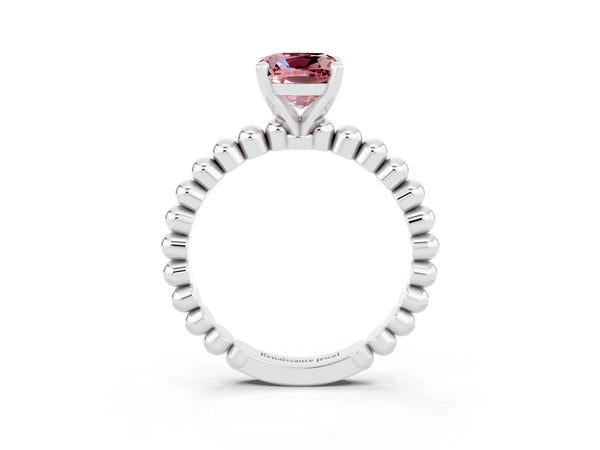 White gold Cushion Cut Morganite Solitaire Ring with Beaded Band and Prong Setting