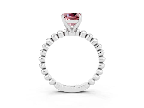White gold Cushion Cut Morganite Solitaire Ring with Beaded Band and Prong Setting_45