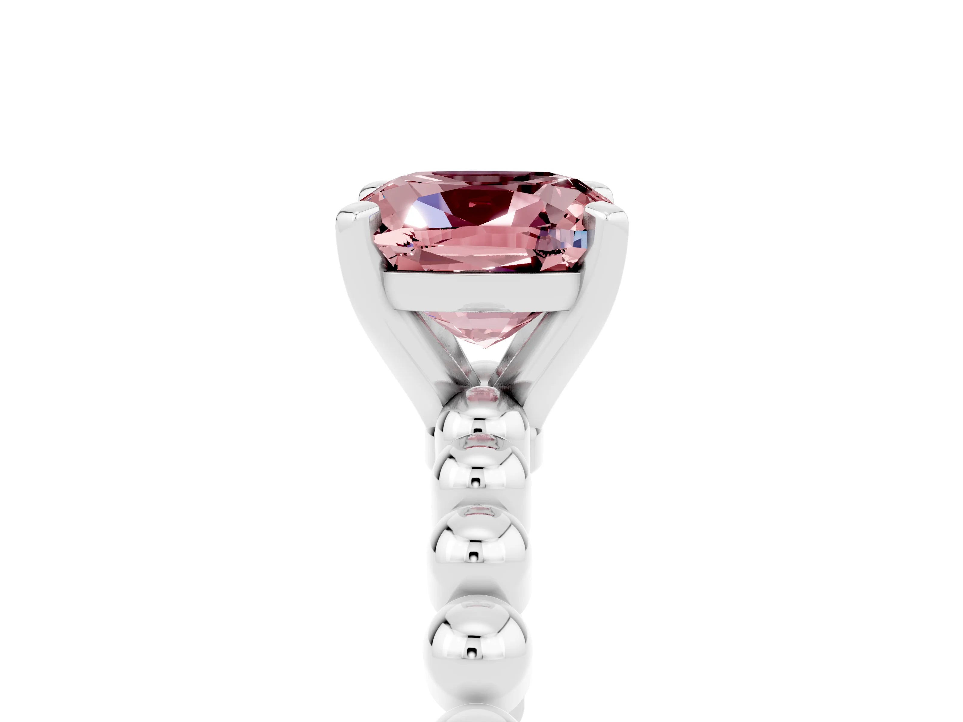 White gold Cushion Cut Morganite Solitaire Ring with Beaded Band and Prong Setting_47