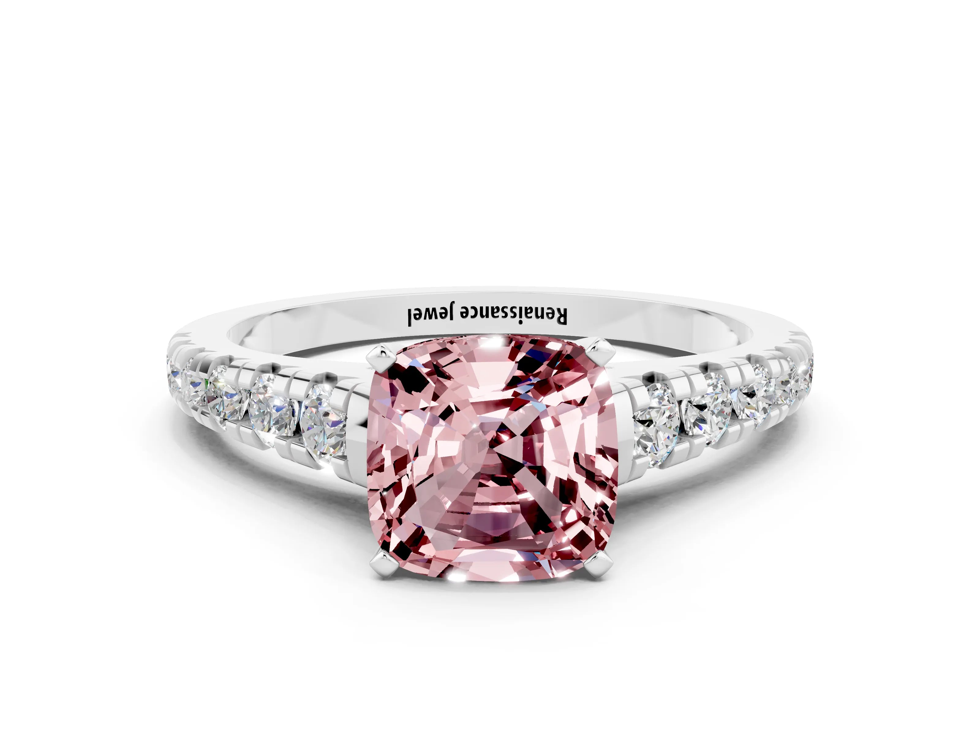 White gold Cushion Cut Morganite Solitaire Ring with Cathedral Setting and Pavé Band