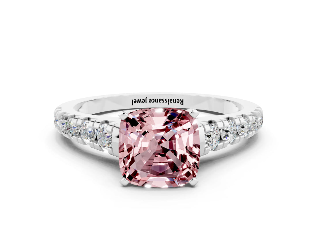 White gold Cushion Cut Morganite Solitaire Ring with Cathedral Setting and Pavé Band