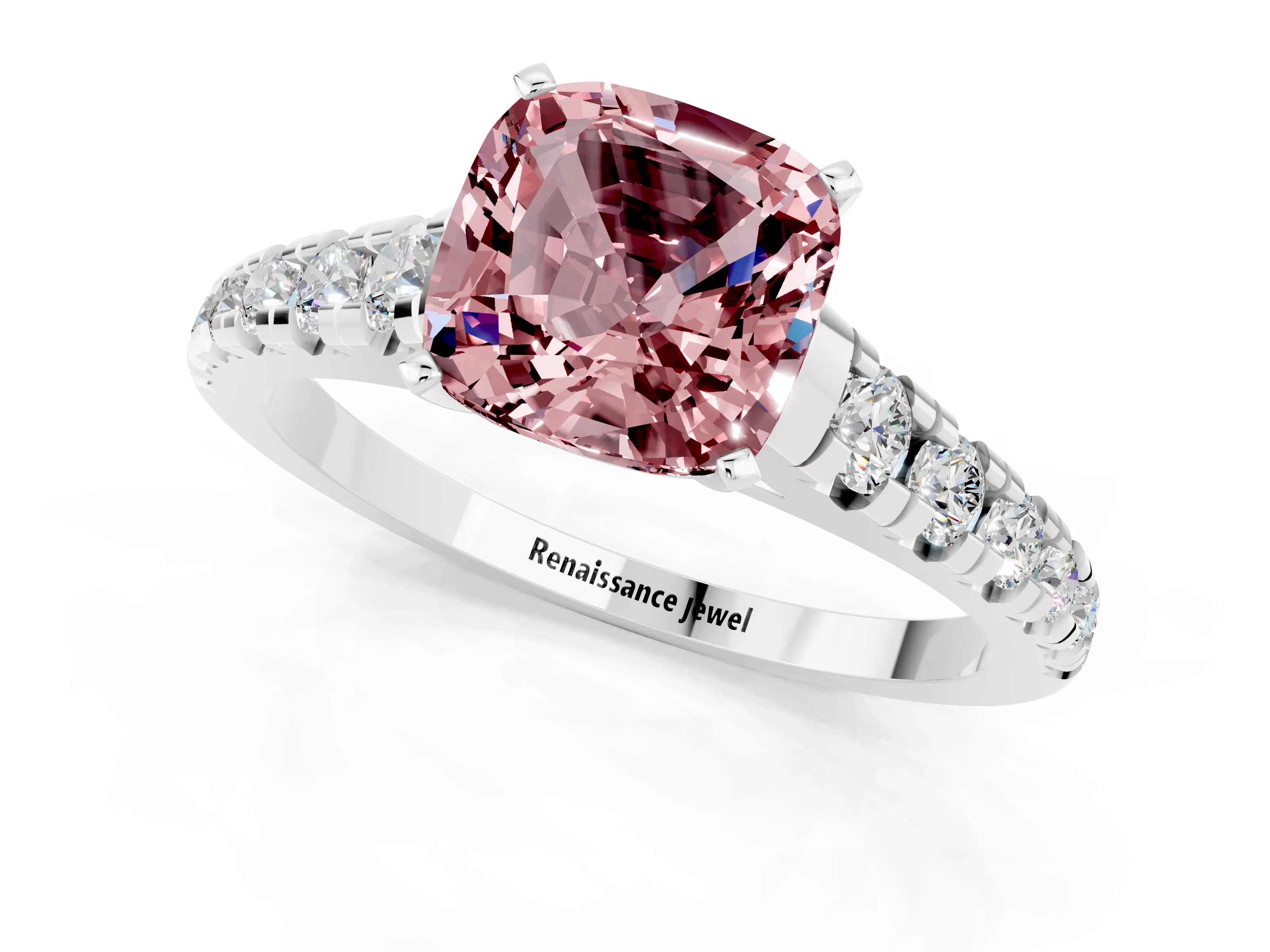 White gold Cushion Cut Morganite Solitaire Ring with Cathedral Setting and Pavé Band_1