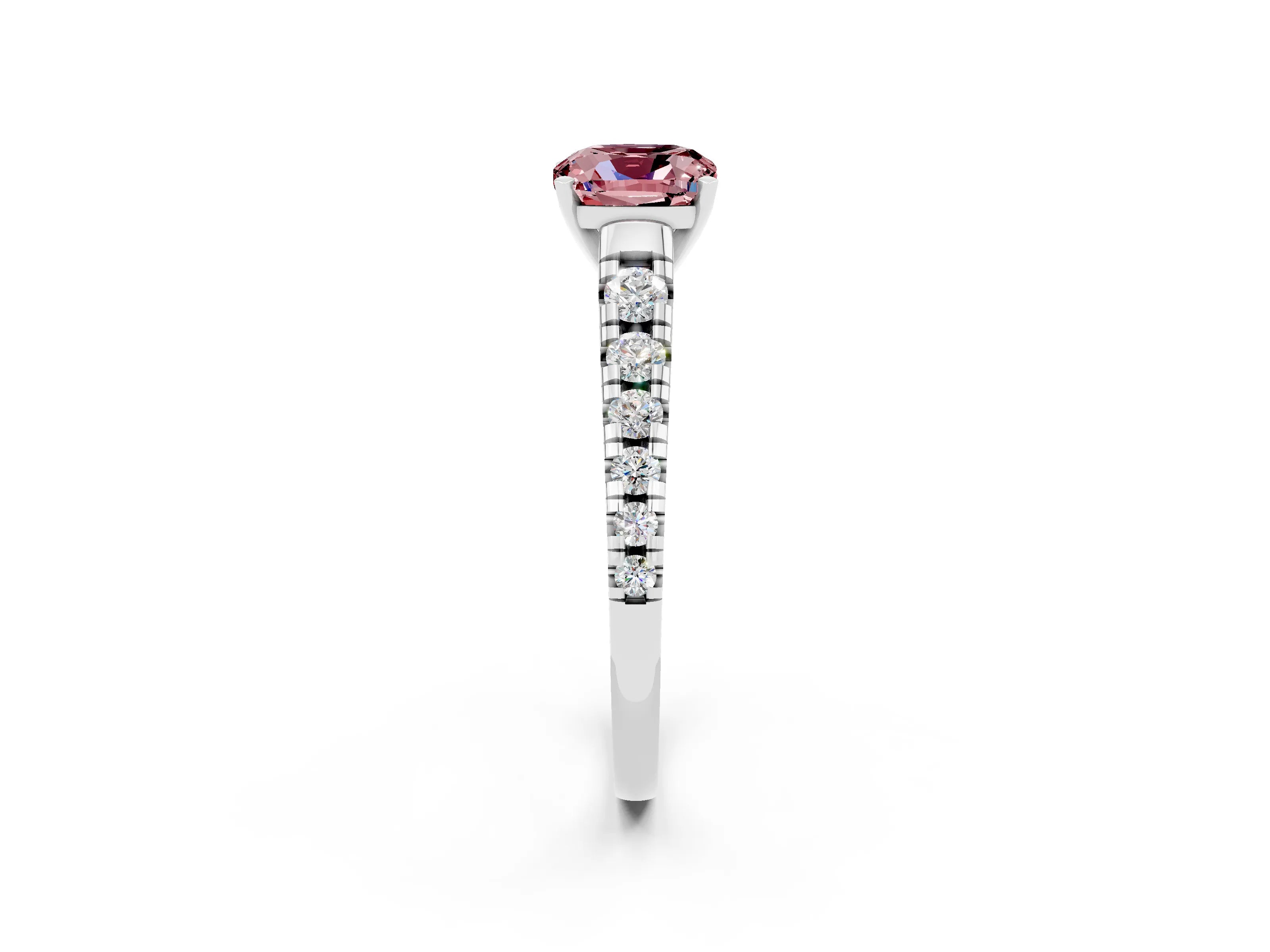 White gold Cushion Cut Morganite Solitaire Ring with Cathedral Setting and Pavé Band_2