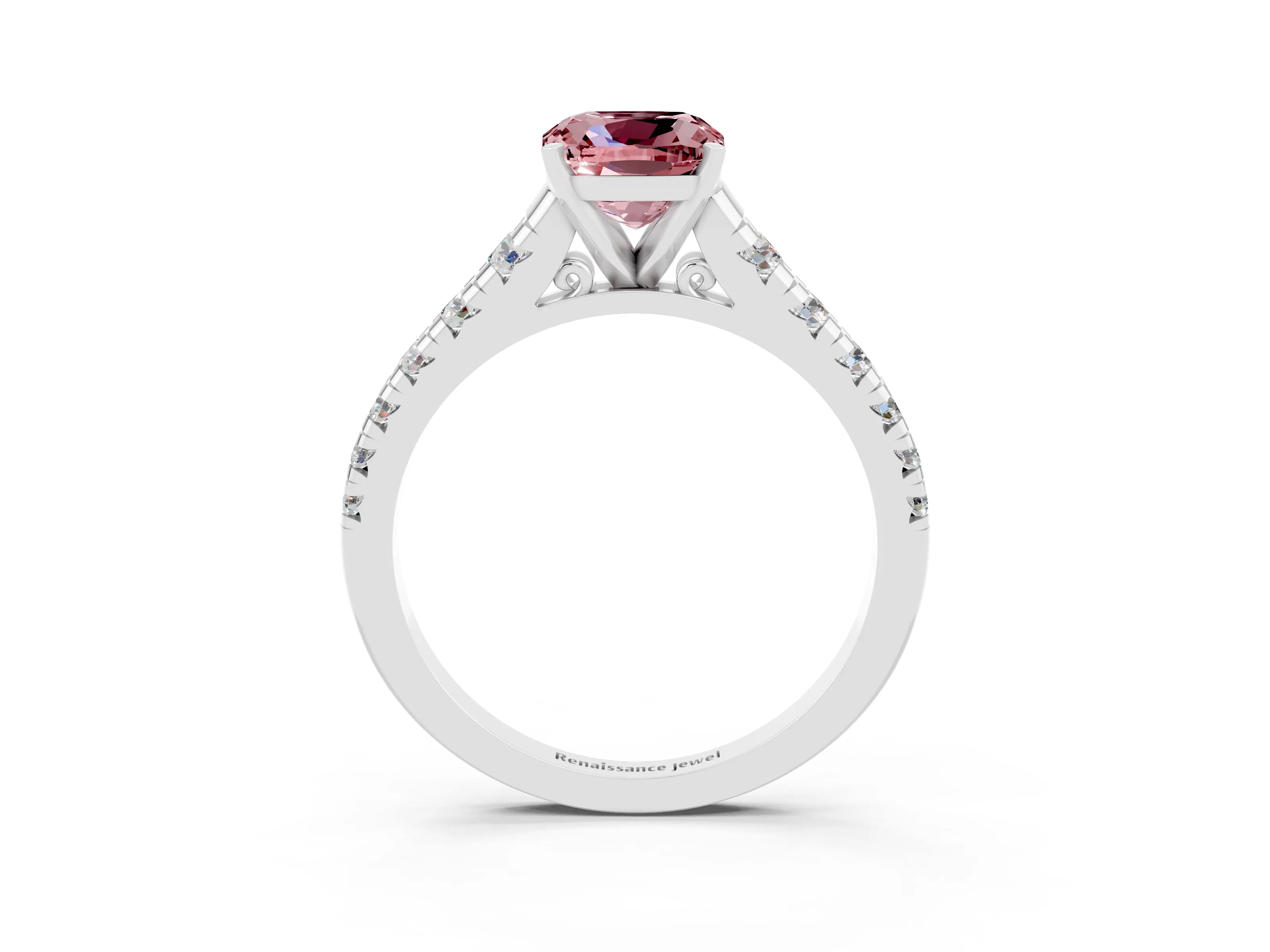 White gold Cushion Cut Morganite Solitaire Ring with Cathedral Setting and Pavé Band_3