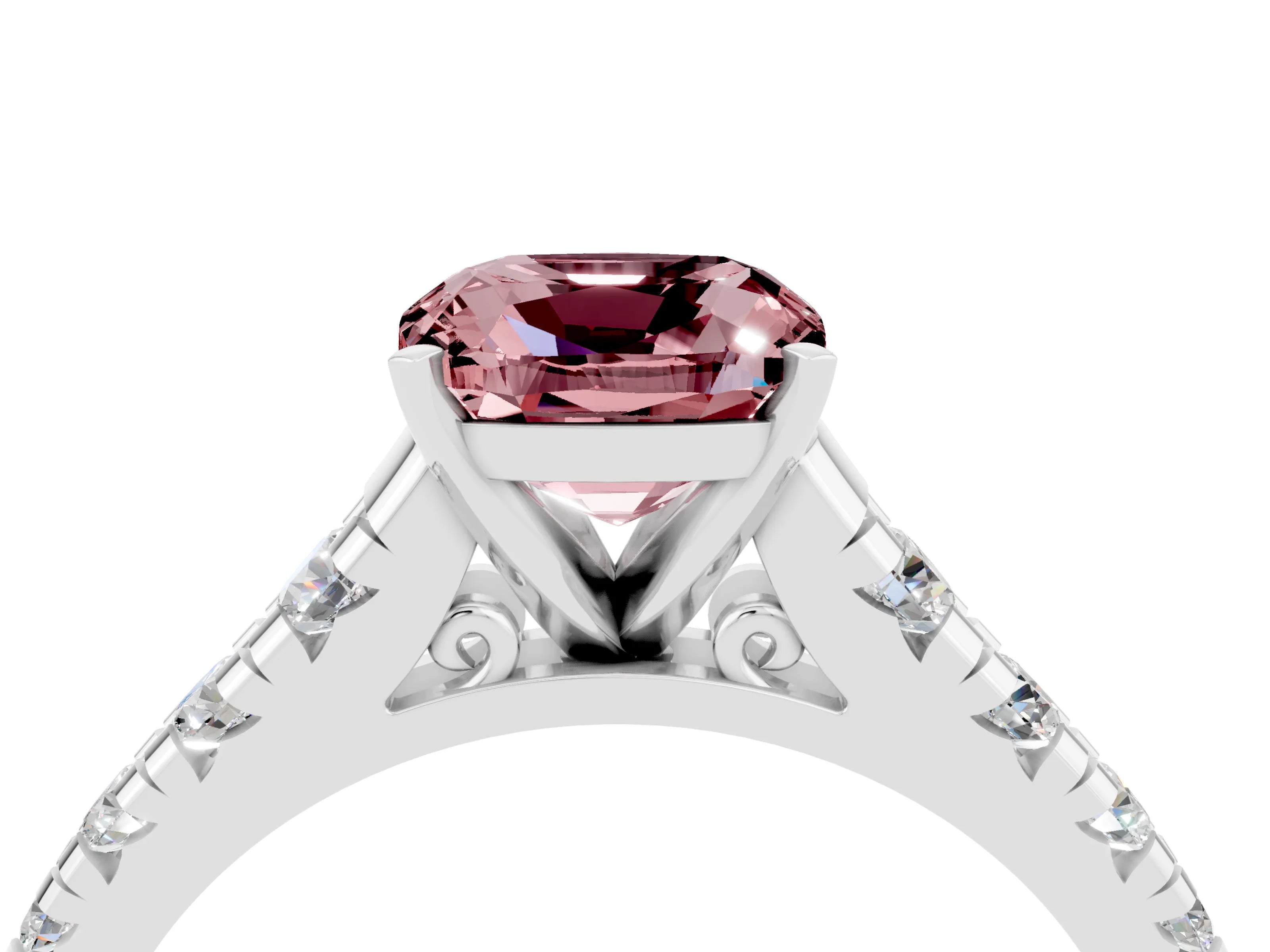 White gold Cushion Cut Morganite Solitaire Ring with Cathedral Setting and Pavé Band_4