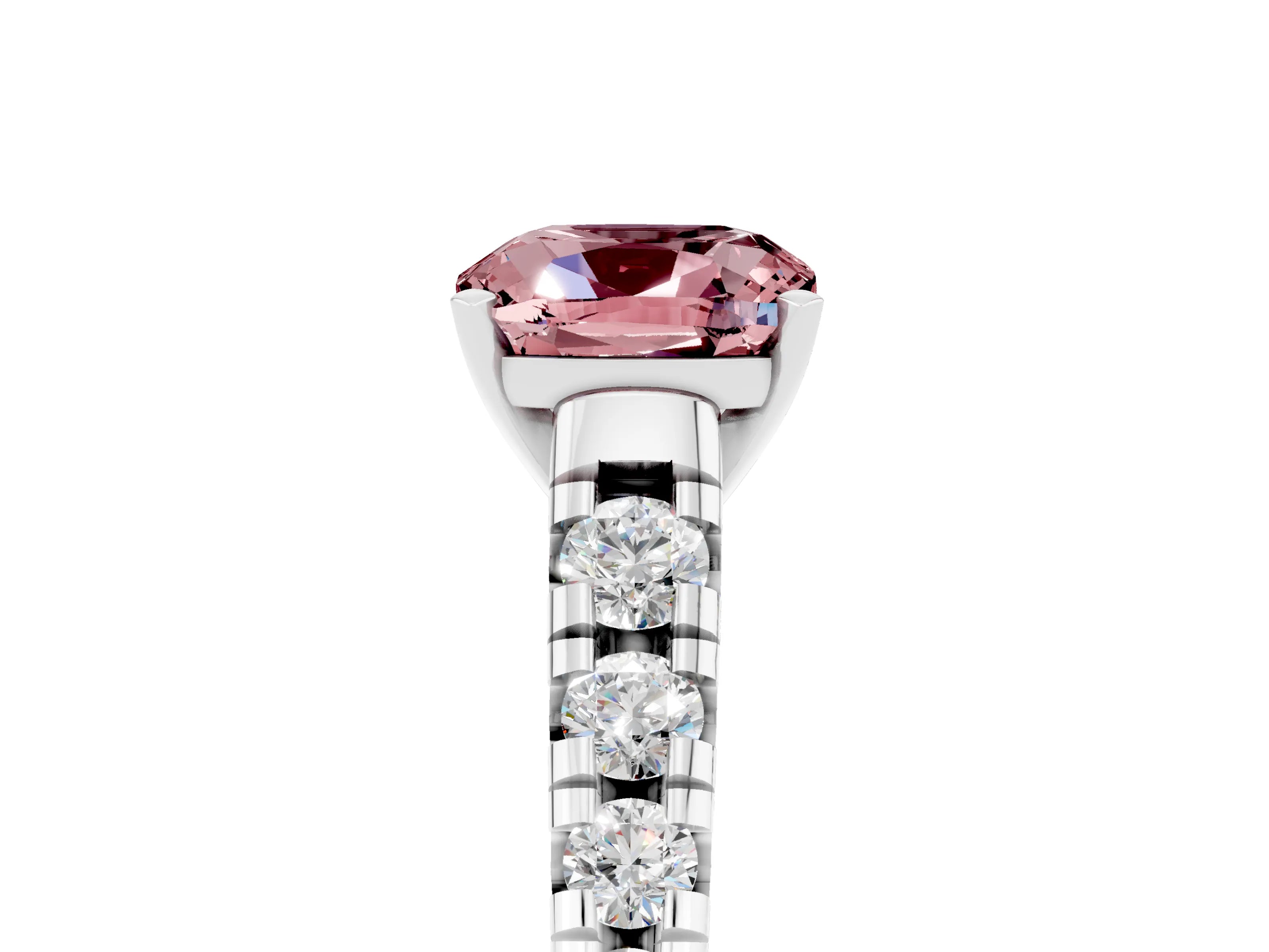 White gold Cushion Cut Morganite Solitaire Ring with Cathedral Setting and Pavé Band_5