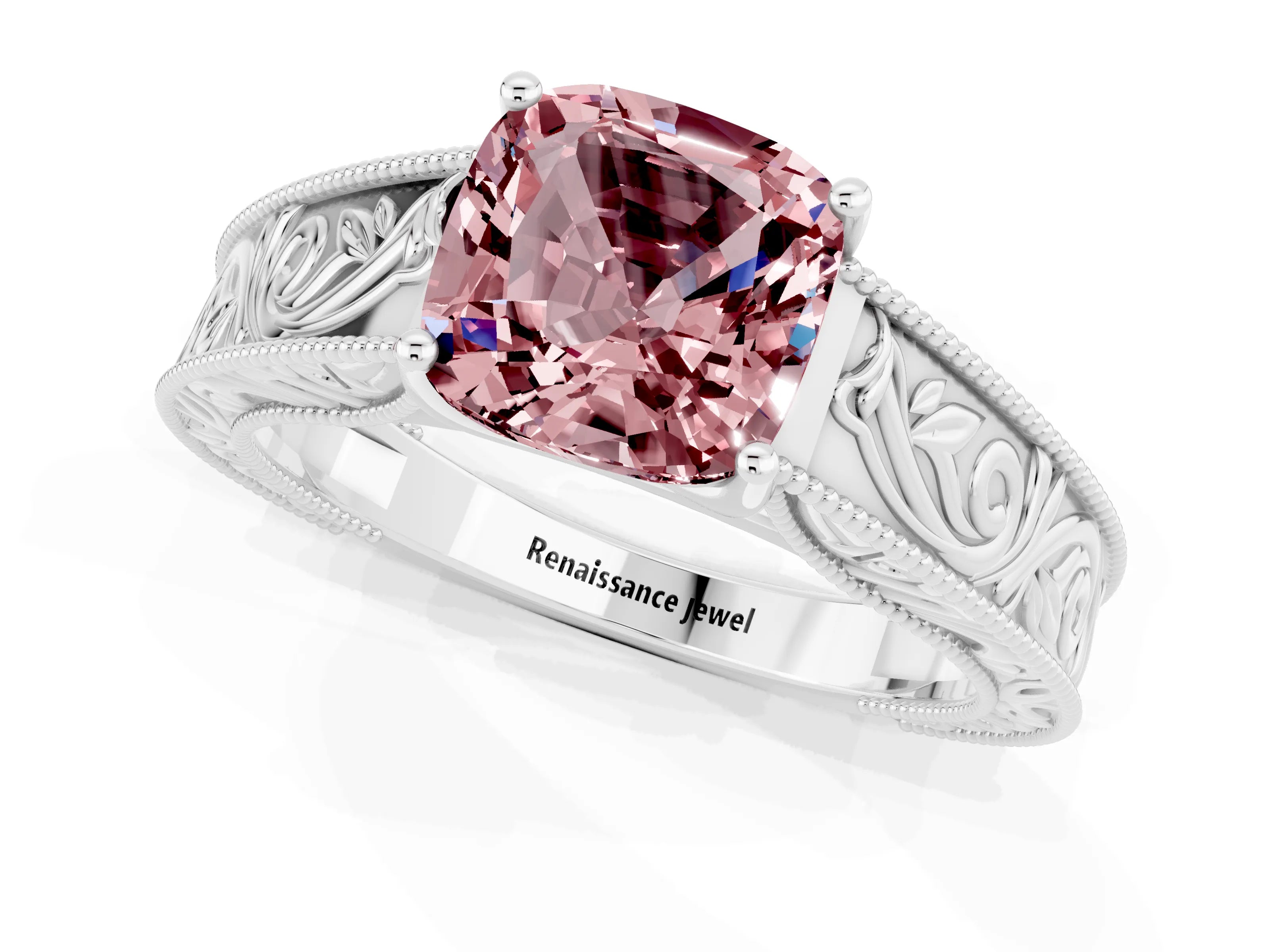 White gold Cushion Cut Morganite Solitaire Ring with Engraved Band and Four-Prong Setting_1