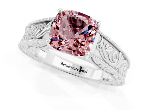 White gold Cushion Cut Morganite Solitaire Ring with Engraved Band and Four-Prong Setting_1