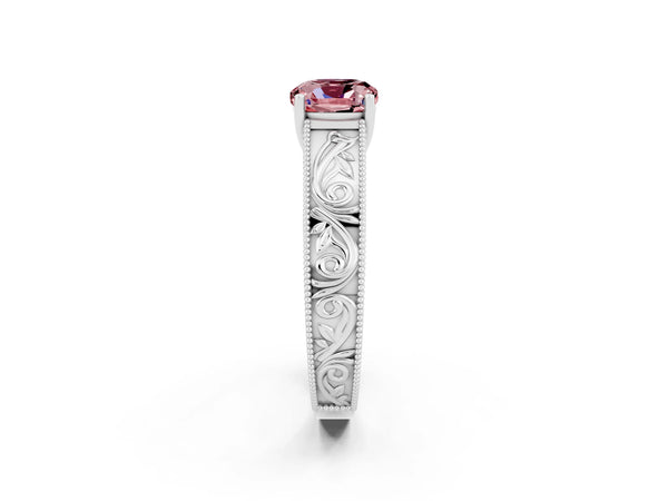 Platinum Cushion Cut Morganite Solitaire Ring with Engraved Band and Four-Prong Setting