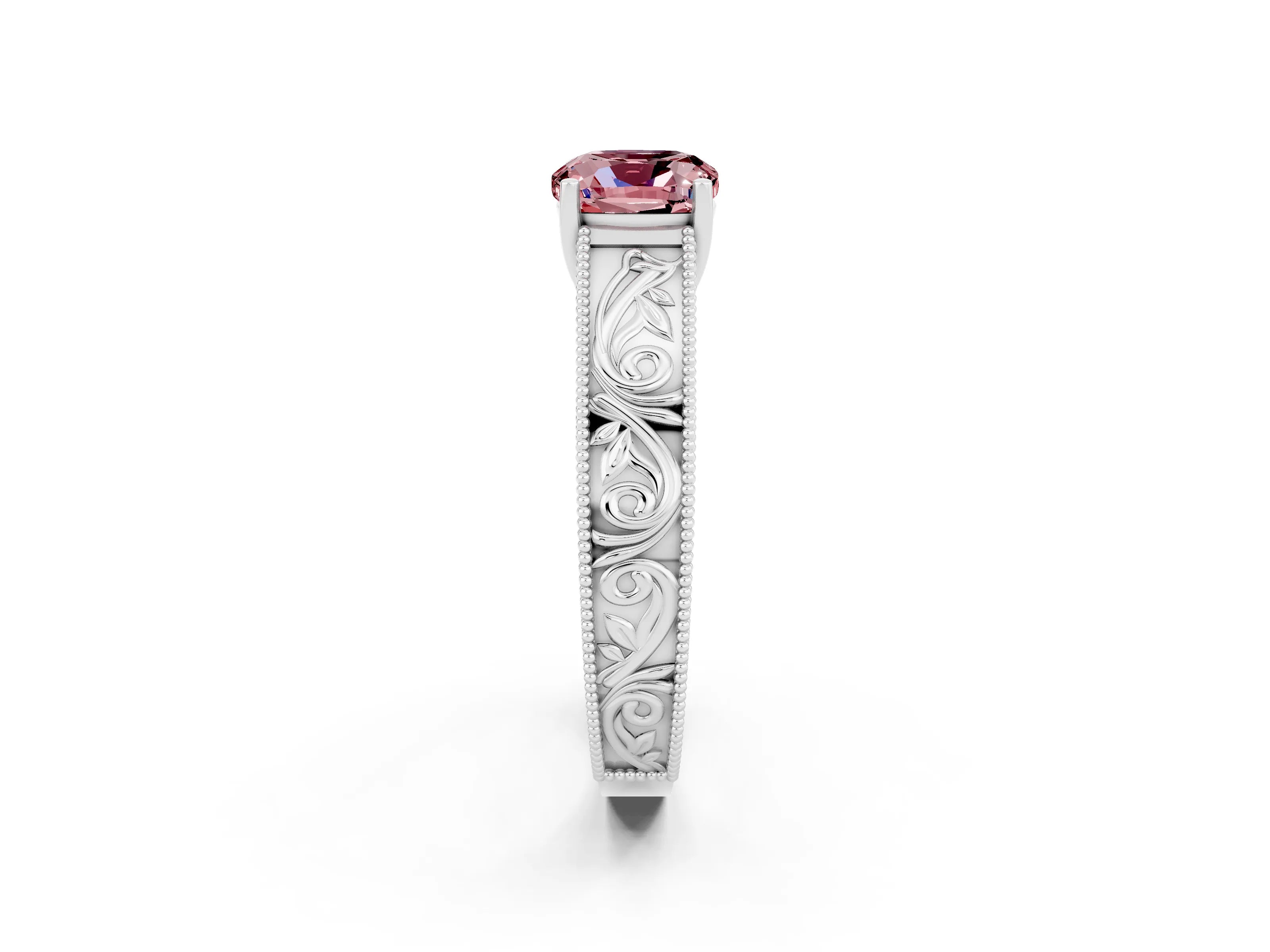 White gold Cushion Cut Morganite Solitaire Ring with Engraved Band and Four-Prong Setting_2