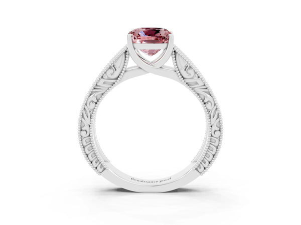 Platinum Cushion Cut Morganite Solitaire Ring with Engraved Band and Four-Prong Setting
