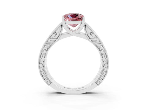 White gold Cushion Cut Morganite Solitaire Ring with Engraved Band and Four-Prong Setting_3