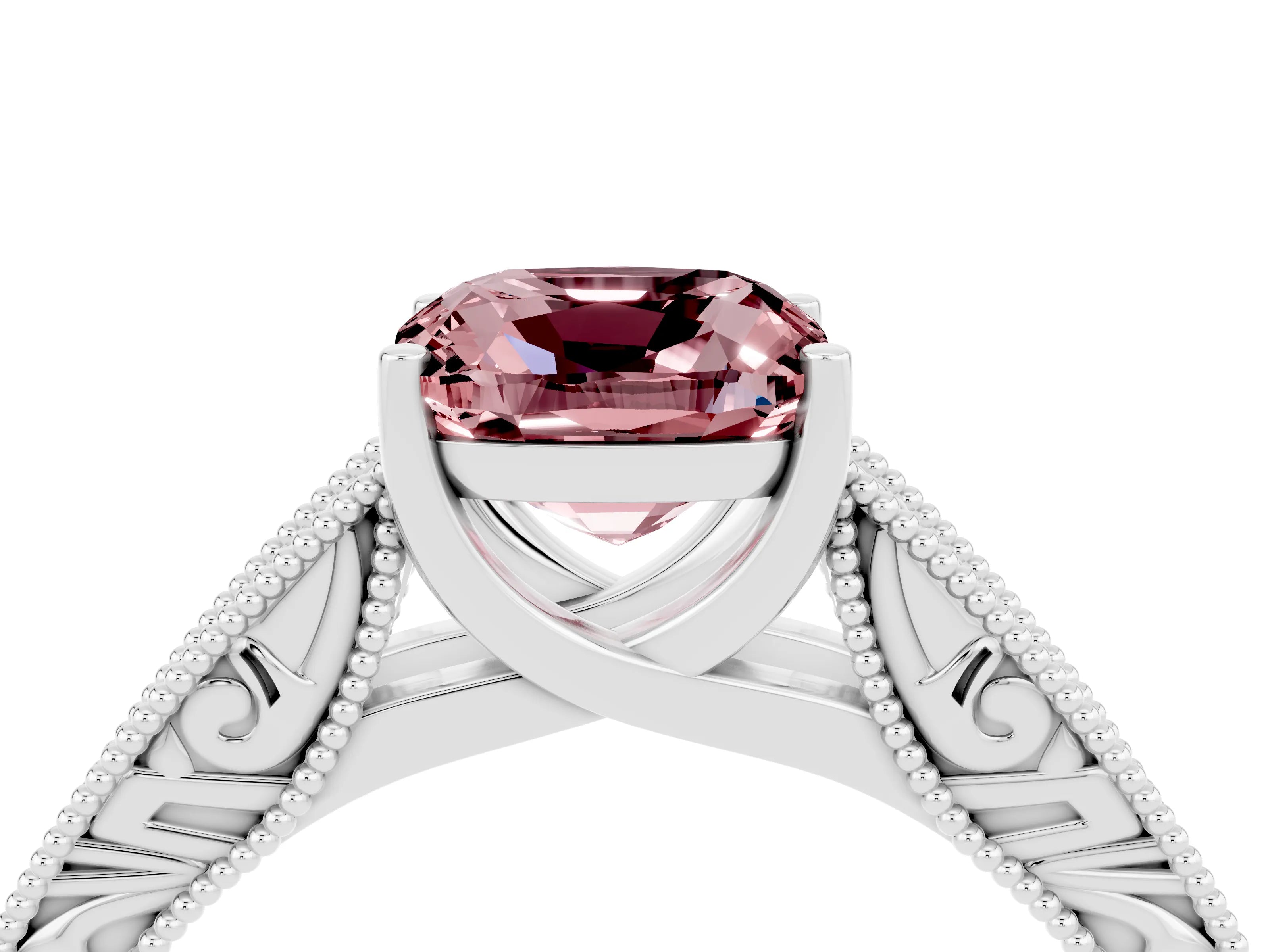 White gold Cushion Cut Morganite Solitaire Ring with Engraved Band and Four-Prong Setting_4