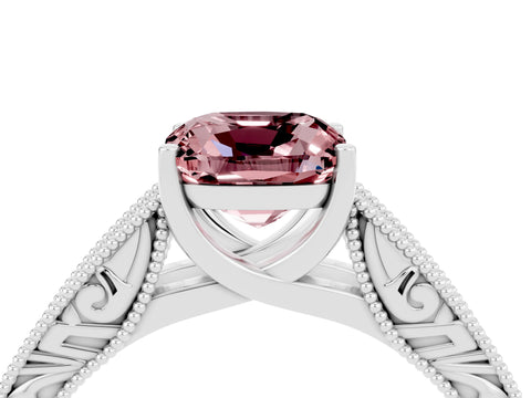 White gold Cushion Cut Morganite Solitaire Ring with Engraved Band and Four-Prong Setting_4
