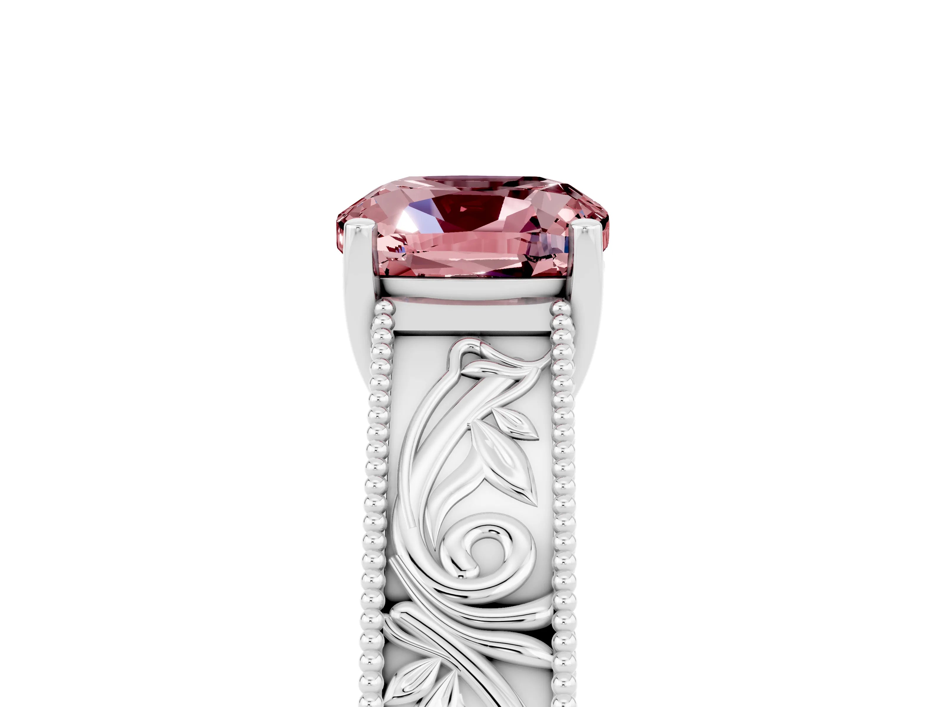 White gold Cushion Cut Morganite Solitaire Ring with Engraved Band and Four-Prong Setting_5