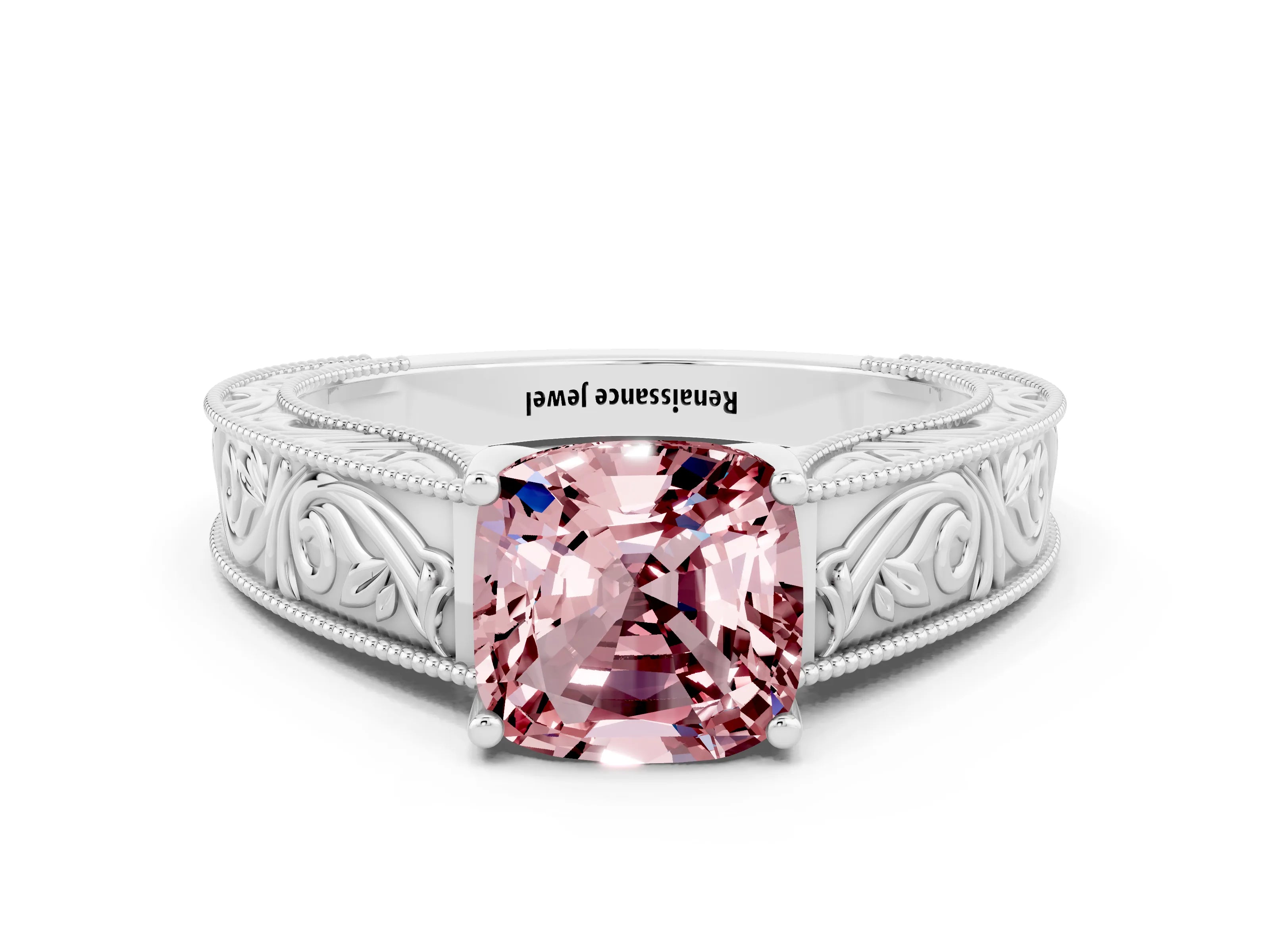 White gold Cushion Cut Morganite Solitaire Ring with Engraved Band and Four-Prong Setting