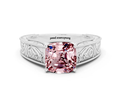 White gold Cushion Cut Morganite Solitaire Ring with Engraved Band and Four-Prong Setting