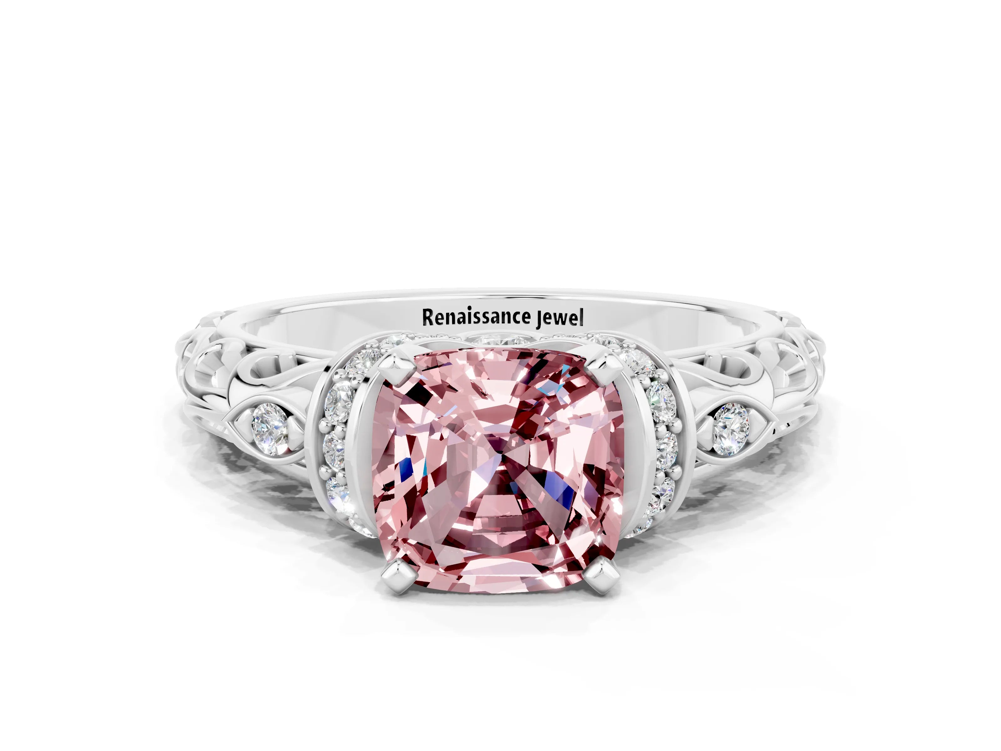 White gold Cushion Cut Morganite Solitaire Ring with Filigree Band and Four-Prong Setting_24