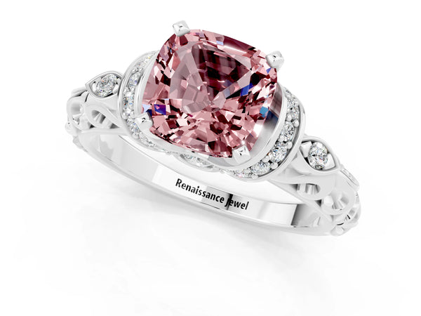 Platinum Cushion Cut Morganite Solitaire Ring with Filigree Band and Four-Prong Setting