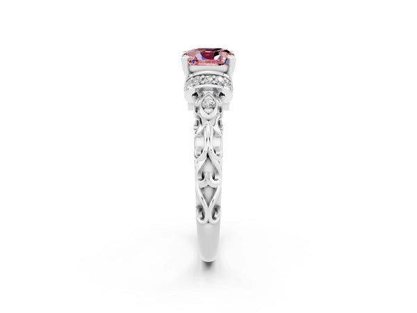 White gold Cushion Cut Morganite Solitaire Ring with Filigree Band and Four-Prong Setting