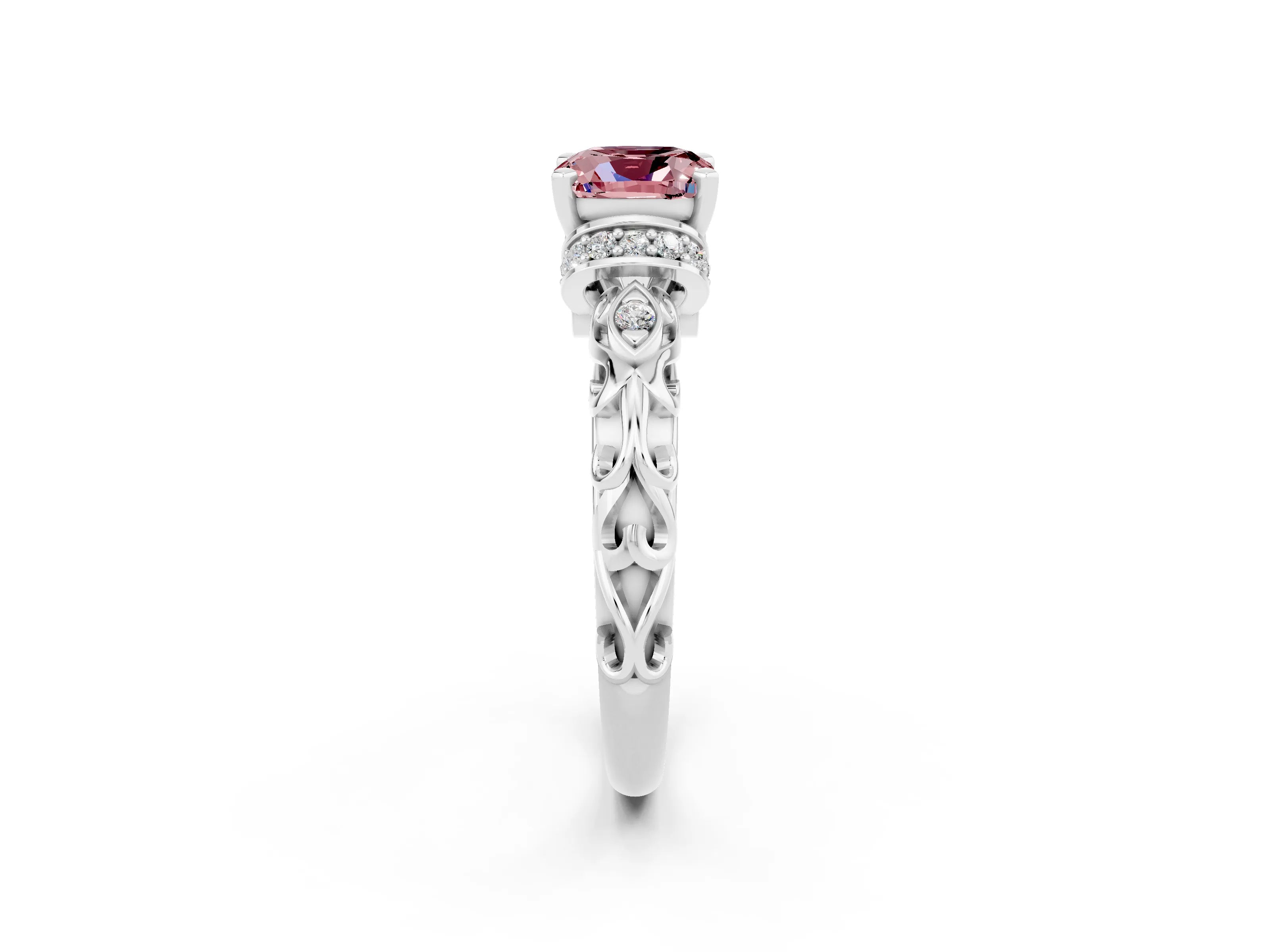 White gold Cushion Cut Morganite Solitaire Ring with Filigree Band and Four-Prong Setting_26