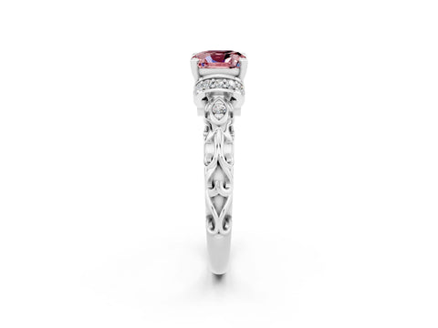 White gold Cushion Cut Morganite Solitaire Ring with Filigree Band and Four-Prong Setting_26
