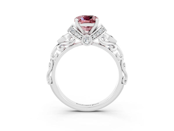 Platinum Cushion Cut Morganite Solitaire Ring with Filigree Band and Four-Prong Setting