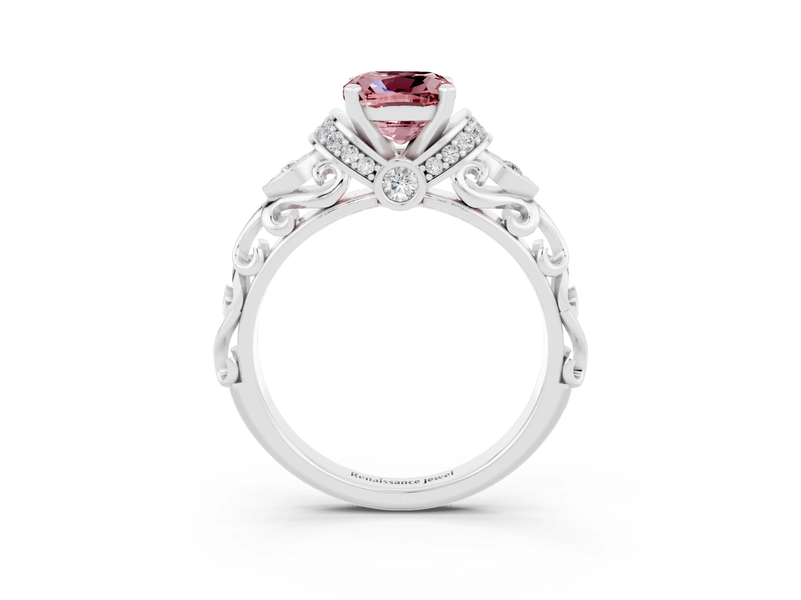 White gold Cushion Cut Morganite Solitaire Ring with Filigree Band and Four-Prong Setting_27