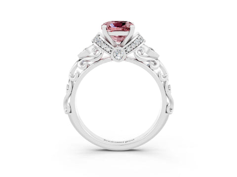 White gold Cushion Cut Morganite Solitaire Ring with Filigree Band and Four-Prong Setting_27