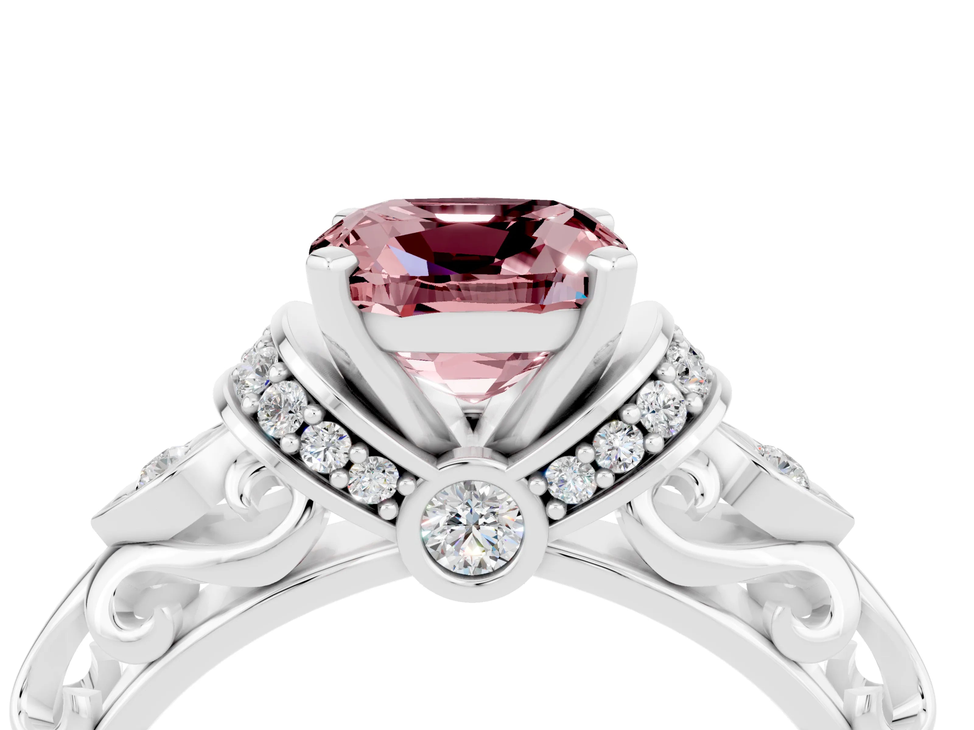 White gold Cushion Cut Morganite Solitaire Ring with Filigree Band and Four-Prong Setting_28
