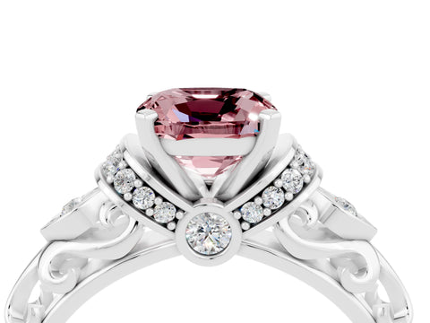 White gold Cushion Cut Morganite Solitaire Ring with Filigree Band and Four-Prong Setting_28