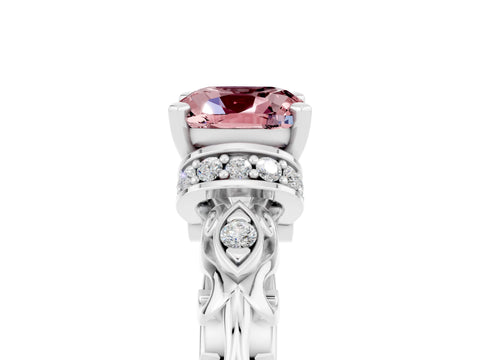 White gold Cushion Cut Morganite Solitaire Ring with Filigree Band and Four-Prong Setting_29